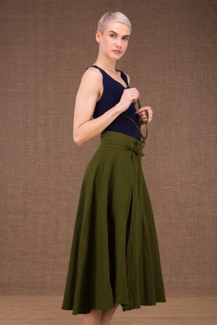 Arial khaki mid-length flared cotton wrap skirt - 1