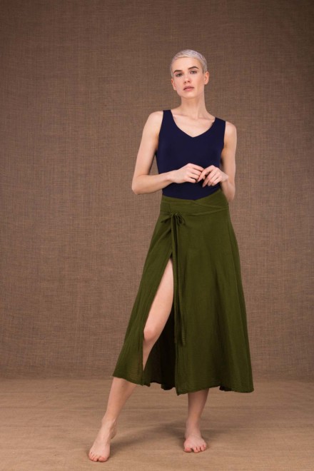 Arial khaki mid-length flared cotton wrap skirt - 2