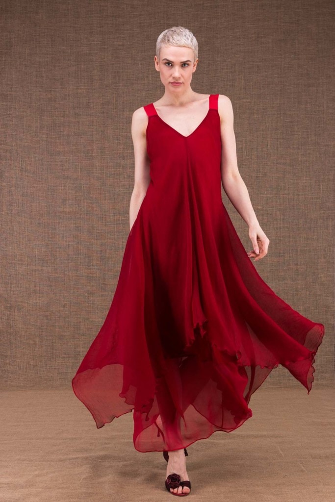 Jade Red flared long silk dress - Boutique ASKA