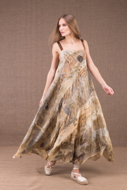 CLARA long flared dress in organic cotton and eco print silk 1