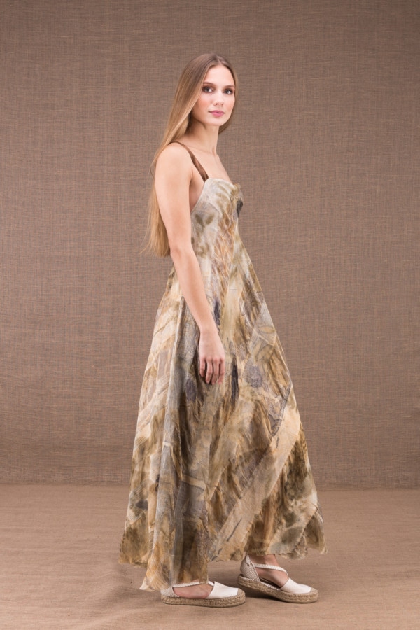 CLARA long flared dress in organic cotton and eco print silk 3