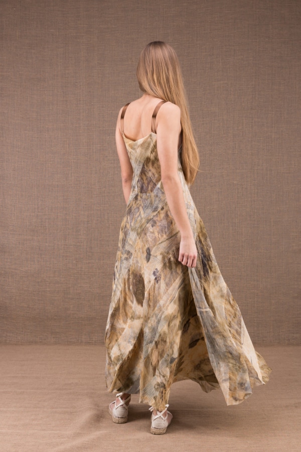 CLARA long flared dress in organic cotton and eco print silk 4