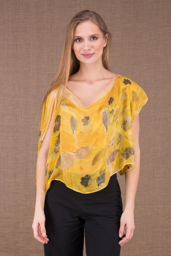 CUMULUS Yellow asymmetrical silk top eco print 2