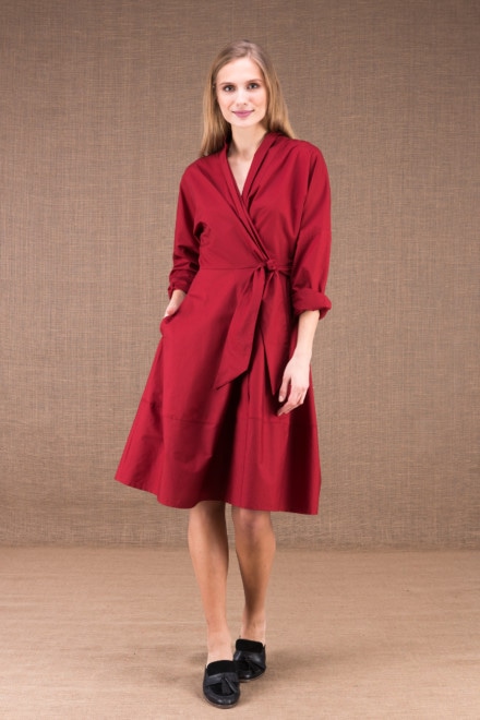 POLARIS Burgundy mid-length dress in cotton poplin 1