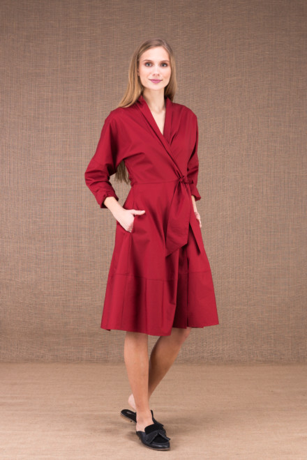 POLARIS Burgundy mid-length dress in cotton poplin 2
