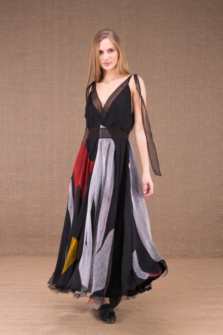 RIAMA Multicolore robe longue évasée en soie peint à la main 3