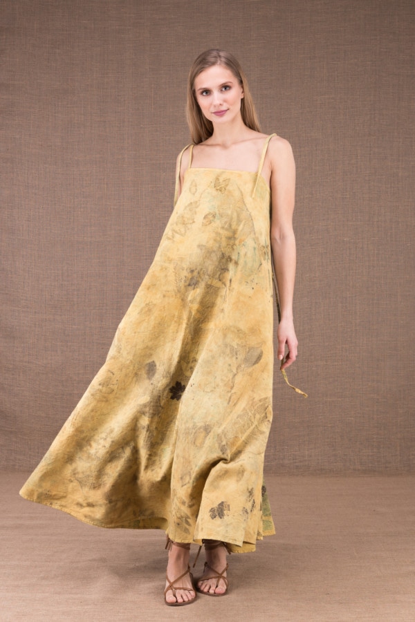 SABA long flared dress in organic cotton eco print 1