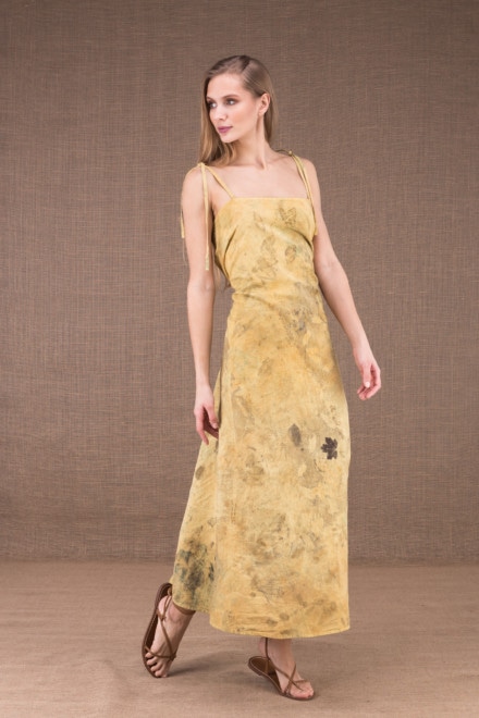 SABA long flared dress in organic cotton eco print 2