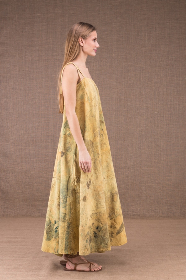 SABA long flared dress in organic cotton eco print 3