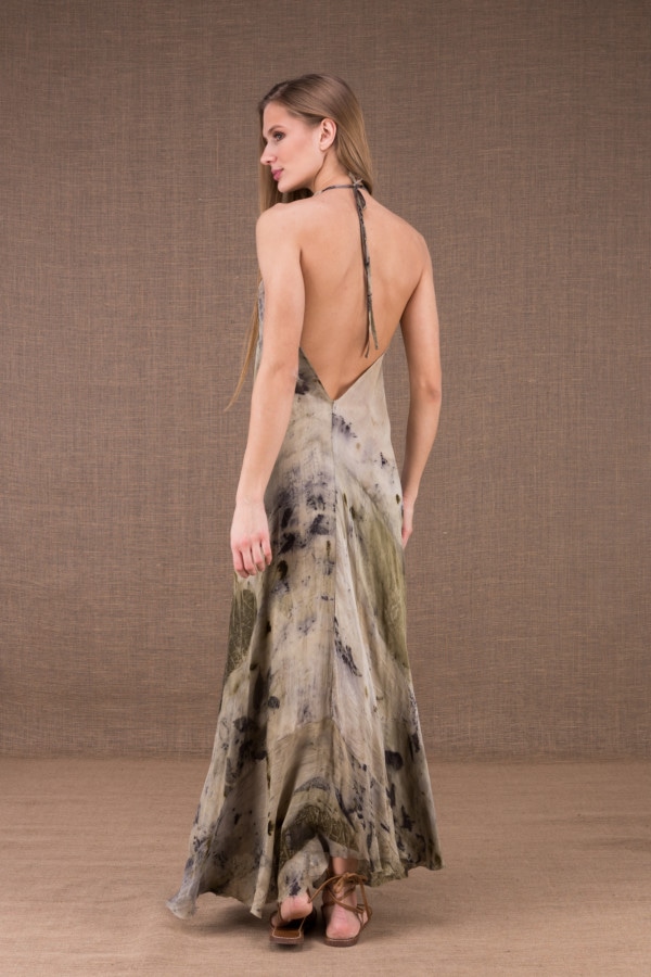 SARA long dress with open back in eco print silk 3