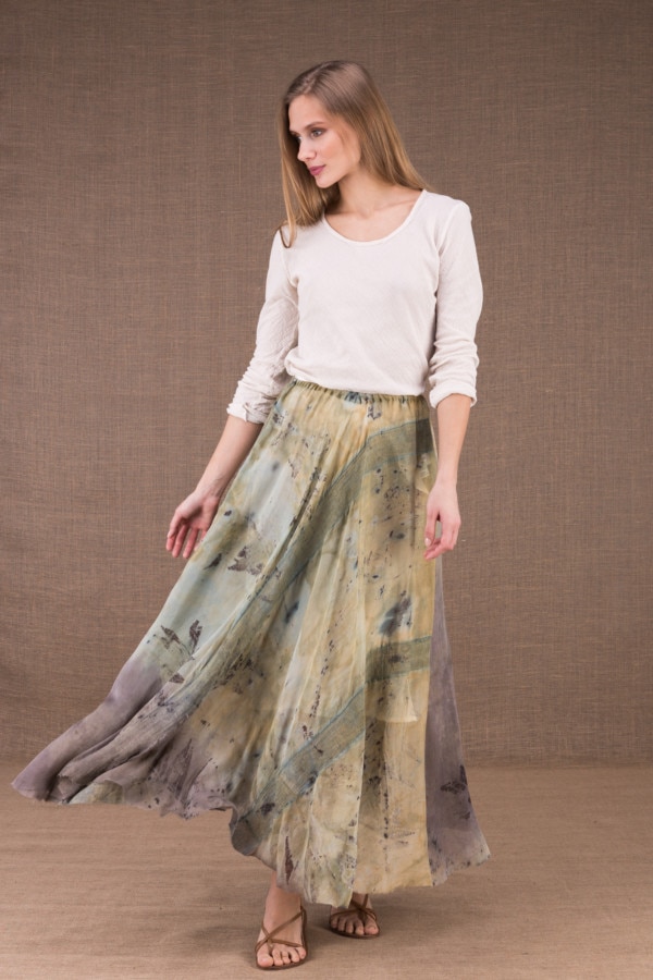 WANDA long flared skirt in organic cotton and eco print silk 1