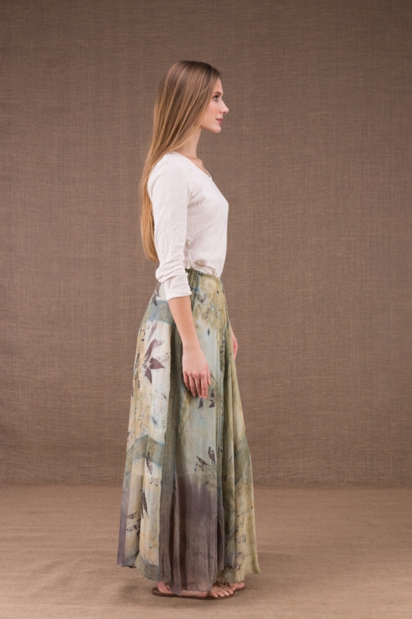 WANDA long flared skirt in organic cotton and eco print silk 4