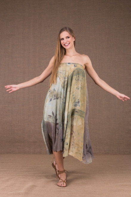 WANDA flared mid-length dress in organic cotton and eco print silk 1