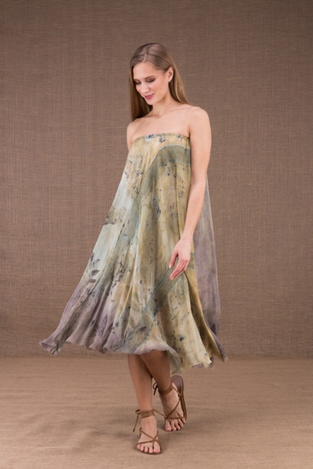 WANDA flared mid-length dress in organic cotton and eco print silk 2