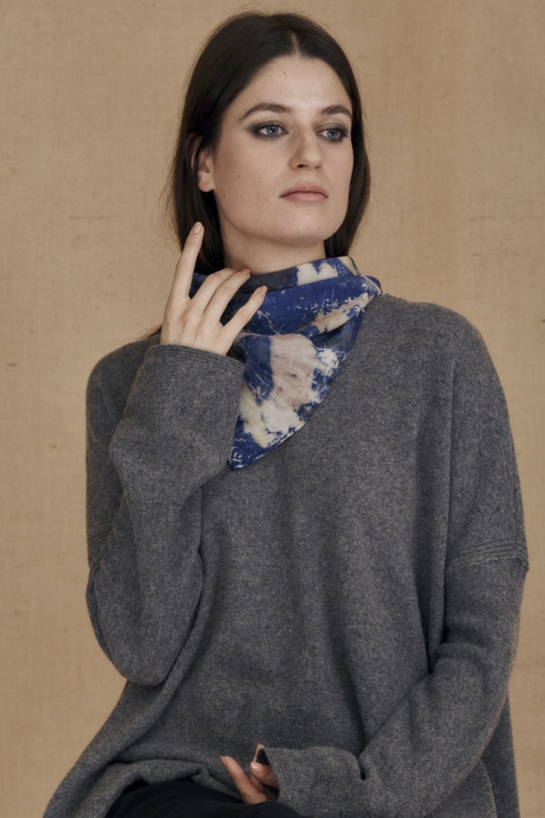 Blue eco-print silk scarf ANNA - 1