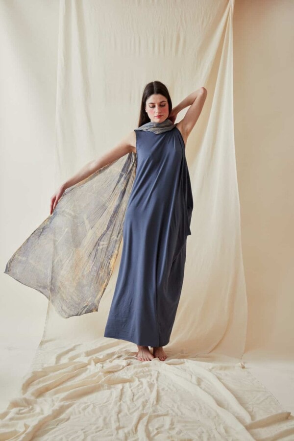 Hand printed silk shawl CORFOU Blue - 1