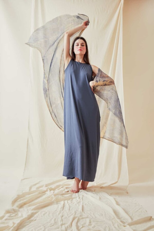 Hand printed silk shawl CORFOU Blue - 2