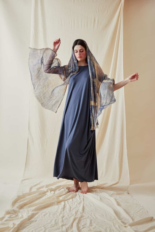Hand printed silk shawl CORFOU Blue - 3