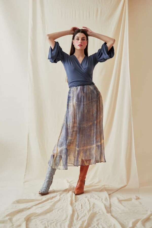 Hand-printed silk-chiffon midi skirt KNOSSOS Blue - 1