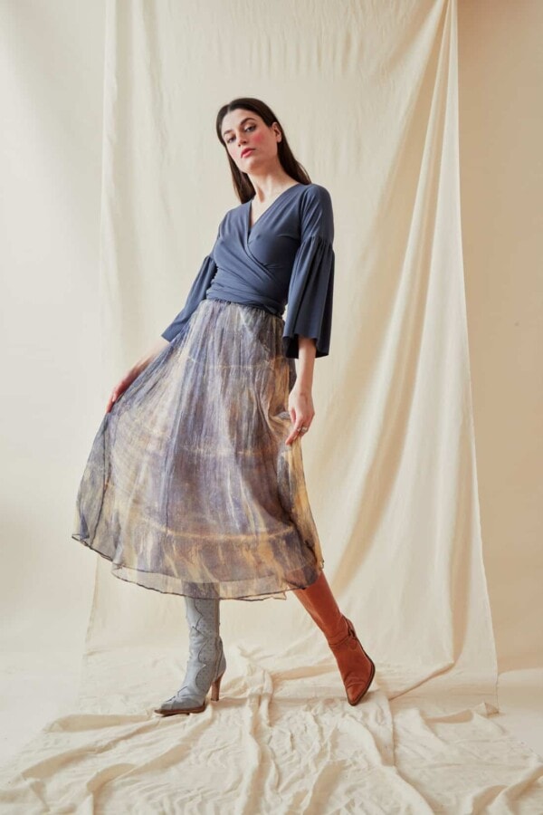 Hand-printed silk-chiffon midi skirt KNOSSOS Blue - 2