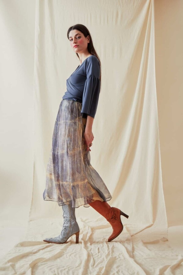 Hand-printed silk-chiffon midi skirt KNOSSOS Blue - 3
