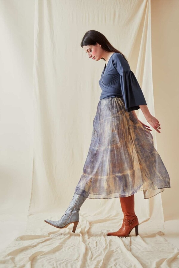 Hand-printed silk-chiffon midi skirt KNOSSOS Blue - 4
