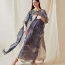 Hand Printed Silk Chiffon Kaftan Coat OLYMPE Blue - 1
