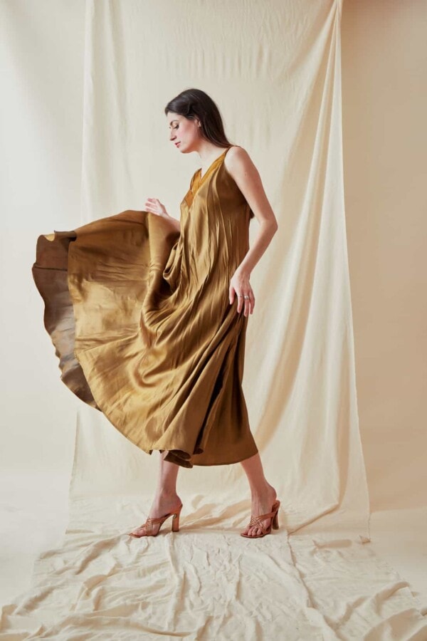 Long bohemian flared viscose dress RHODES Gold - 1