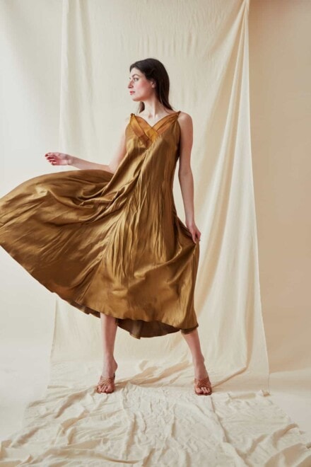 Long bohemian flared viscose dress RHODES Gold - 2
