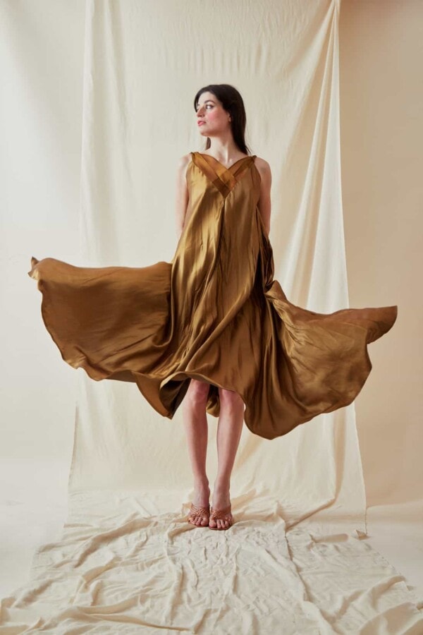 Long bLong bohemian flared viscose dress RHODES Gold - 5