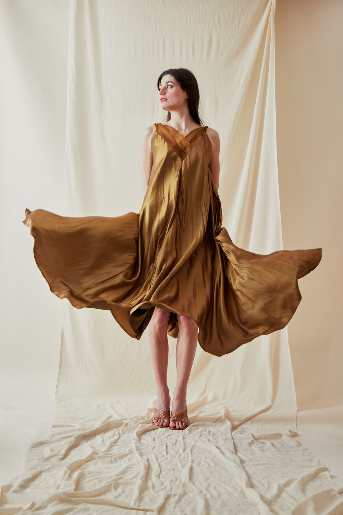 Bohemian long, flared viscose dress RHODES Gold - Boutique ASKA