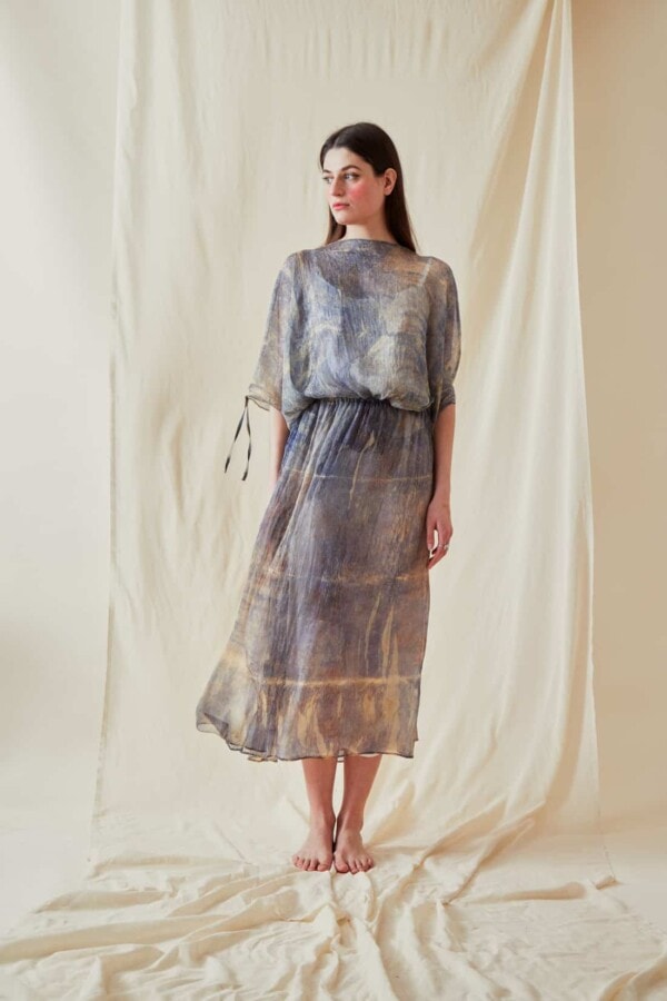 Hand Printed Chiffon Midi Dress KNOSSOS Blue - 1