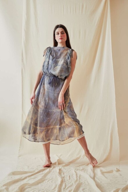 Hand Printed Chiffon Midi Dress KNOSSOS Blue - 4