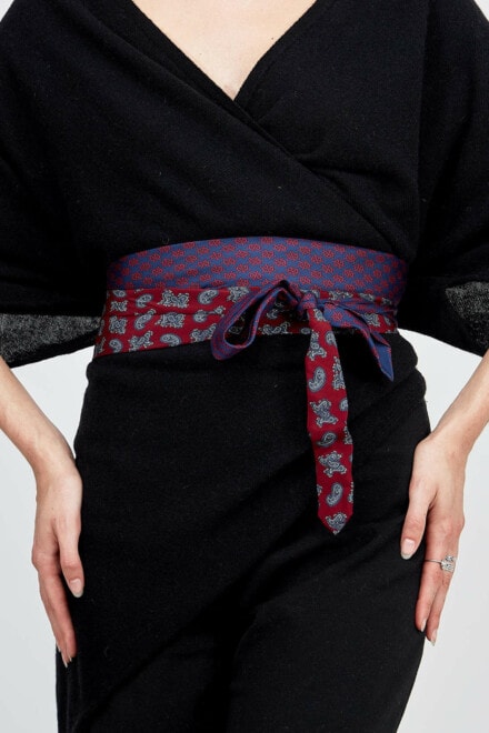 Arabesque-Bordeaux vintage textile tie-belt OBI 3