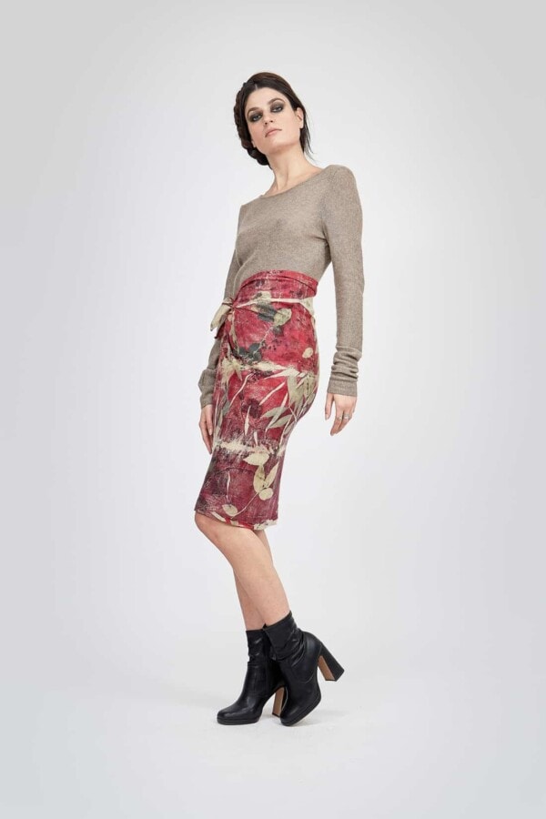 Hand-printed wool straight skirt MIDI Red 2