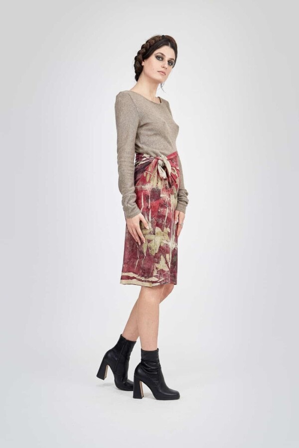 Hand-printed wool straight skirt MIDI Red 3