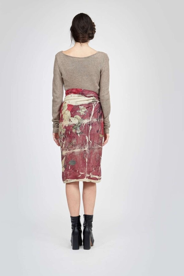 Hand-printed wool straight skirt MIDI Red 4