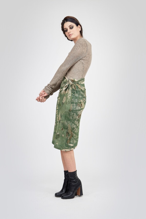 Straight skirt in green hand-printed wool MIDI 3
