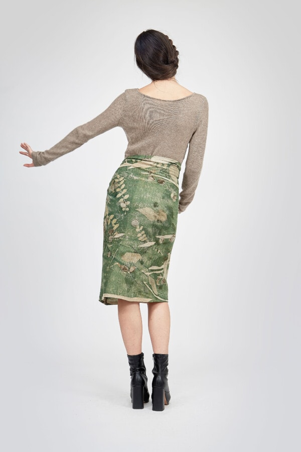 Straight skirt in green hand-printed wool MIDI 4