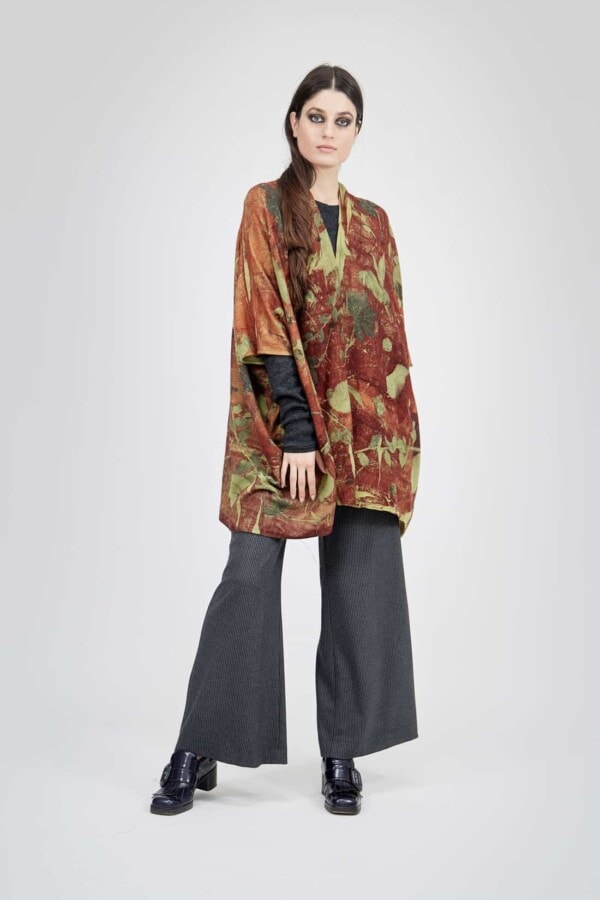 Veste kimono imprimee a la main en maille de laine ISADORA Rouille 2