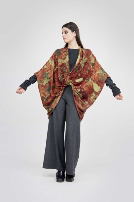 Veste kimono imprimee a la main en maille de laine ISADORA Rouille 6
