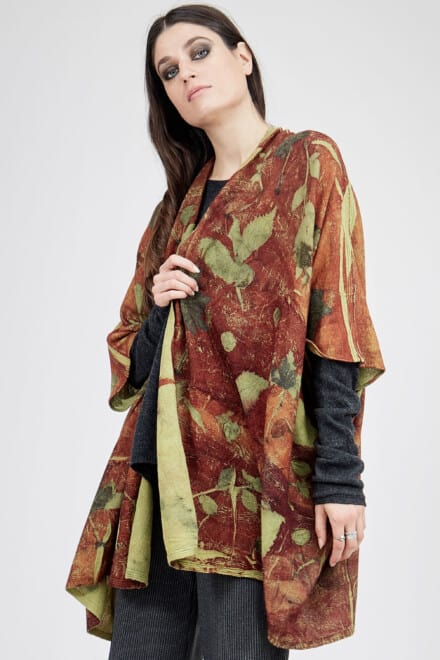 Veste kimono imprimee a la main en maille de laine ISADORA Rouille 7