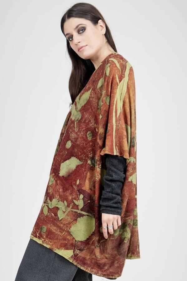 Veste kimono imprimee a la main en maille de laine ISADORA Rouille 8