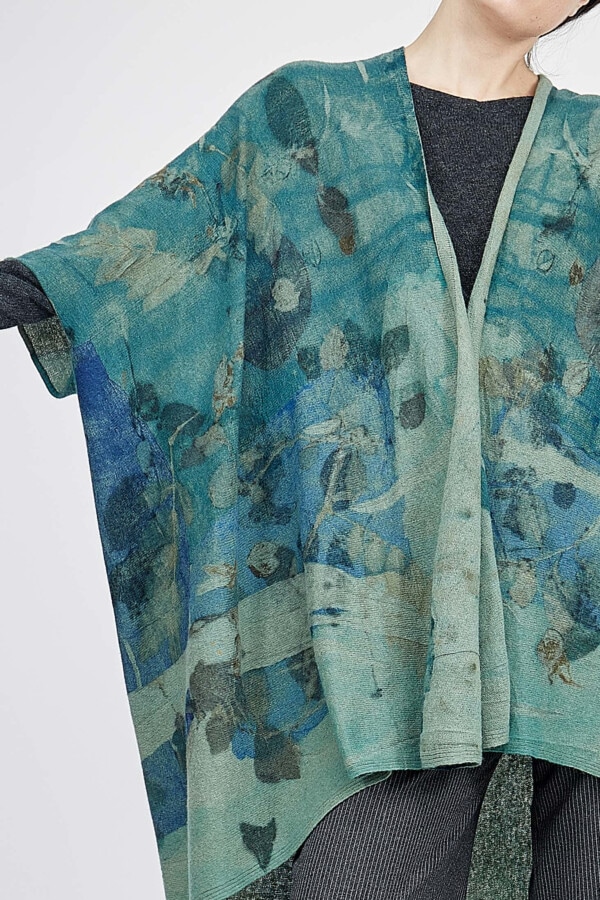 Hand-printed wool knit kimono jacket ISADORA Green 8