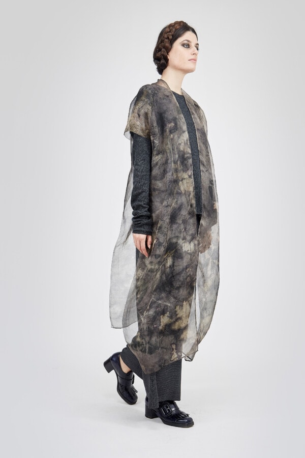 Eco-print kimono vest in silk organza OSAKA 4