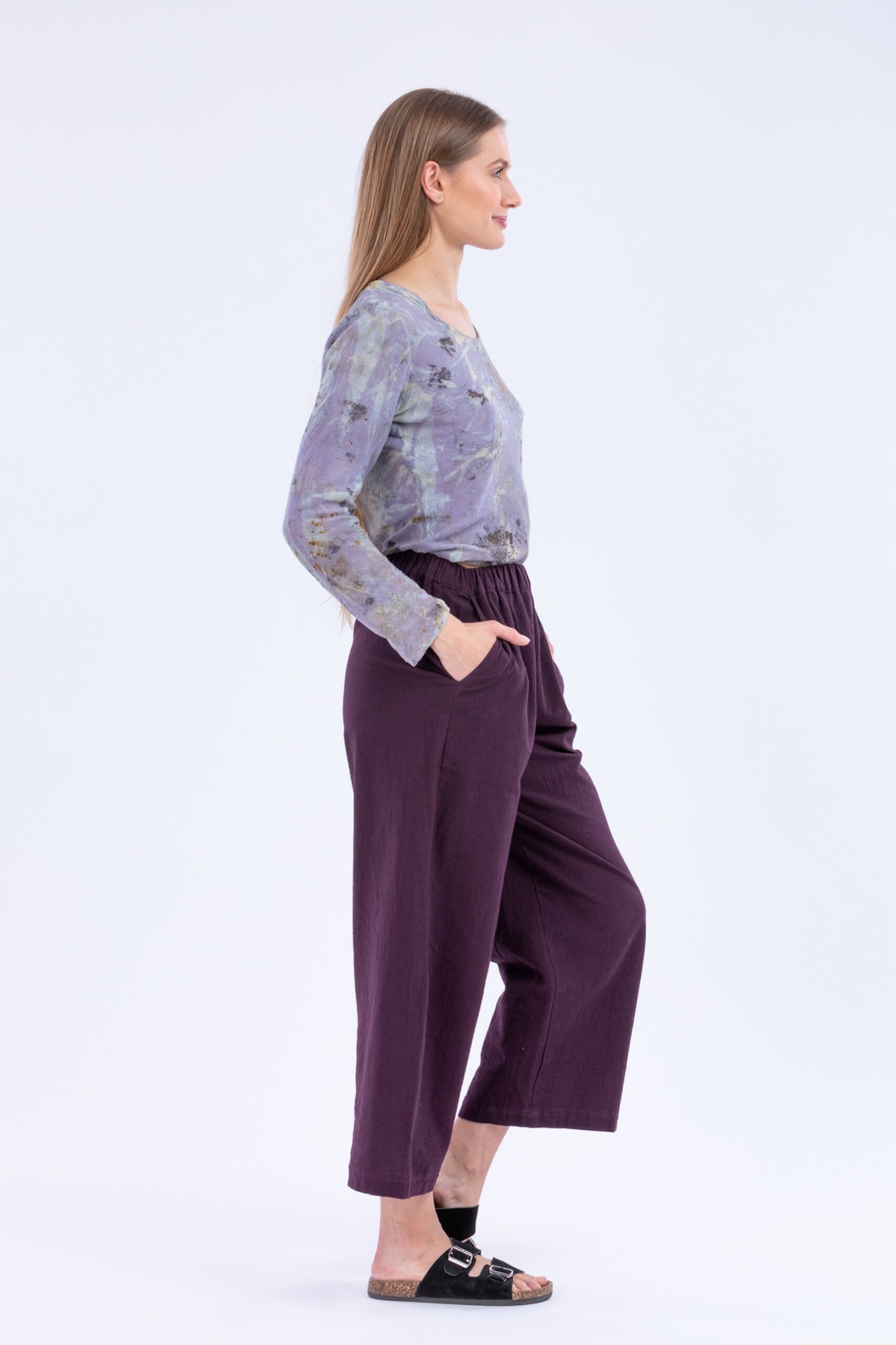 wide cotton organic in pants Boutique HALNY - ASKA Plum