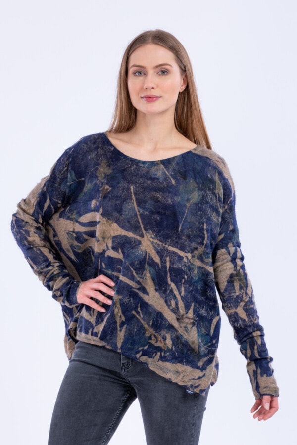 Blue Eco-printed cashmere sweater IRIS 2