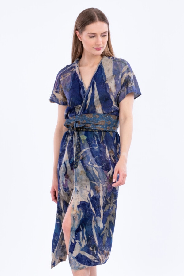 Blue wrap dress in eco-print cashmere ZUNIA 1