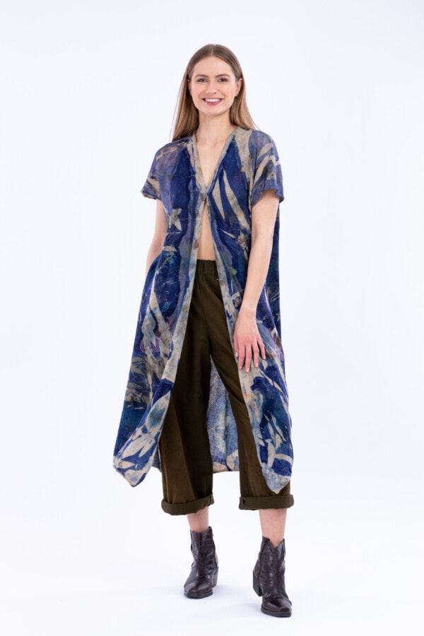 Blue wrap dress in eco-print cashmere ZUNIA 5