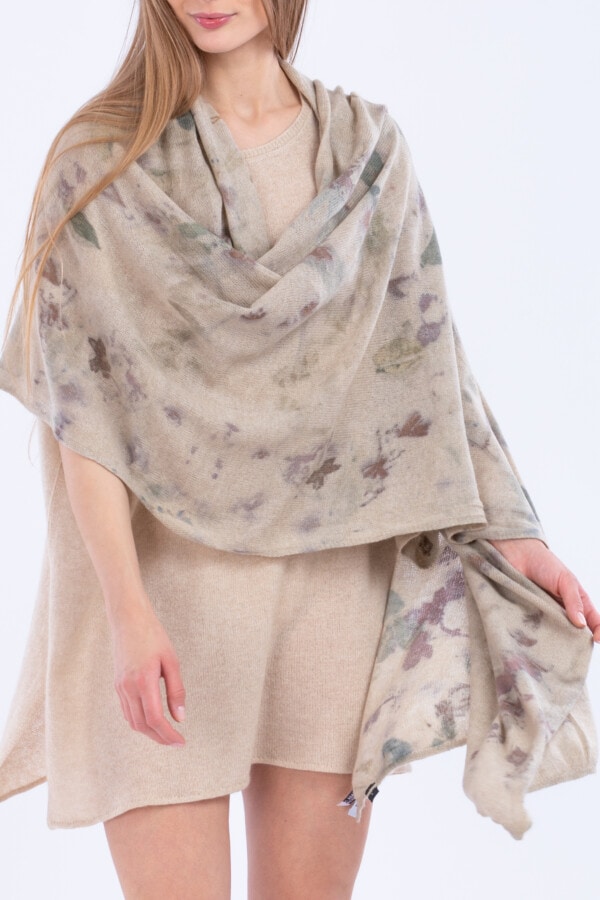 Beige eco-print cashmere shawl DUNAJ 4